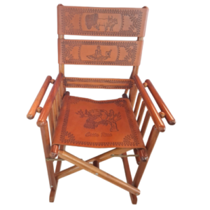 LOW WOODEN CHAIR WITH HAND - TOOLED LEATHER